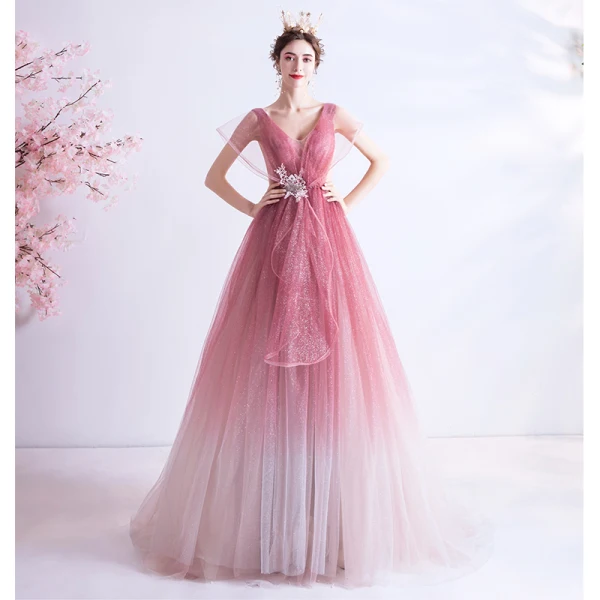 Fashion Candy Pink Gradient-Color Evening Dresses  2020 A-Line / Princess V-Neck Glitter Rhinestone Lace Flower Sleeveless Backless Sweep Train Formal Dresses