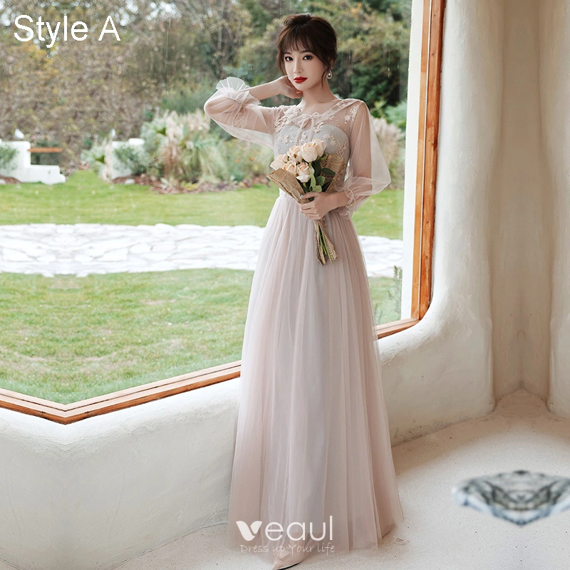 Lace Applique Top Long Bridesmaid Gown Pearl Pink