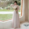 Fashion Pearl Pink Bridesmaid Dresses 2021 A-Line / Princess Scoop Neck Lace Flower Appliques 3/4 Sleeve Backless Floor-Length / Long Wedding Party Dresses