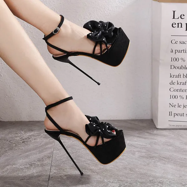 Sexy Noire Club de carnaval Faux Diamant Noeud Sandales Femme 2021 16 cm Talons Aiguilles Bride Cheville Peep Toes / Bout Ouvert Sandales Talons Hauts