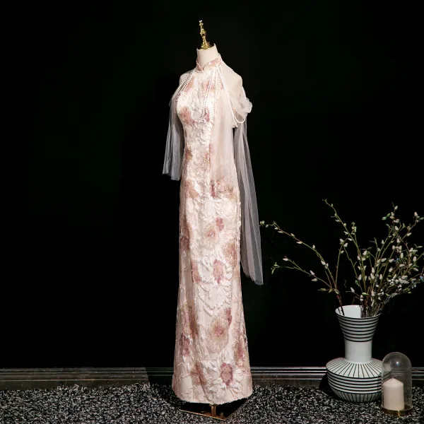 Stunning Champagne Beading Pearl Sequins Lace Flower Evening Dresses 2025 Trumpet / Mermaid High Neck Sleeveless Backless Floor-Length / Long Evening Party Formal Dresses