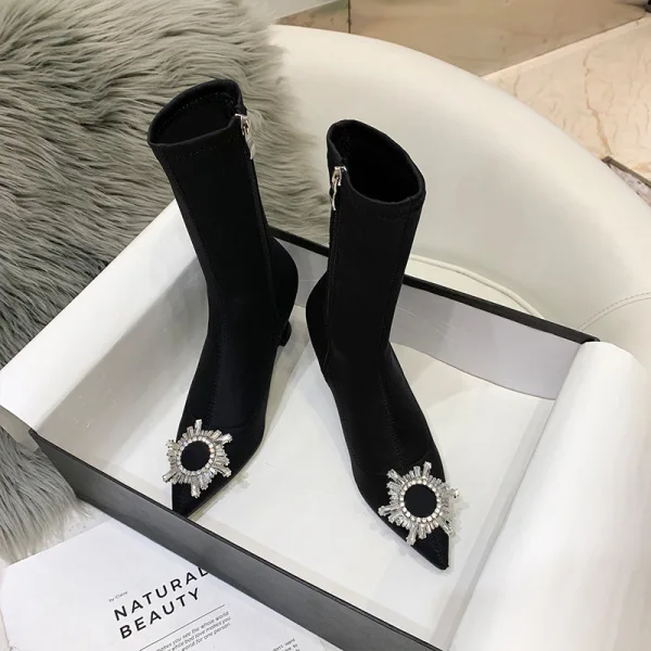 Schöne Schwarz Freizeit Stiefel Damen 2020 Strass 5 cm Stilettos Spitzschuh Stiefel