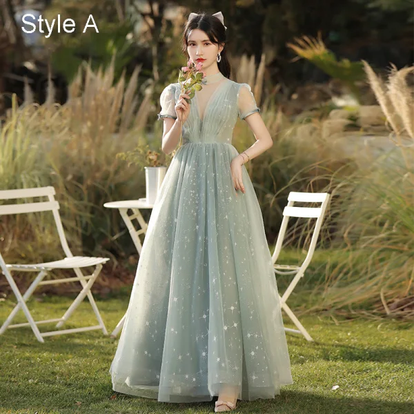 Fashion Sage Green Star Bridesmaid Dresses 2021 A-Line / Princess Scoop Neck Short Sleeve Backless Floor-Length / Long Bridesmaid Wedding Party Dresses