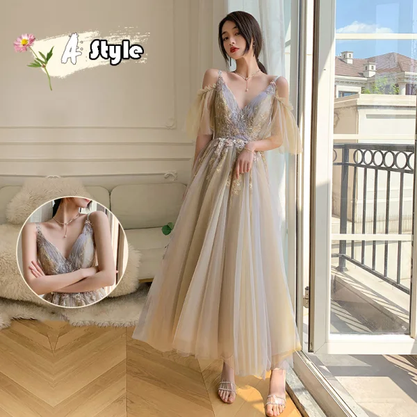 Chic / Beautiful Champagne Bridesmaid Dresses 2021 A-Line / Princess V-Neck Beading Pearl Sequins Lace Flower Short Sleeve Backless Floor-Length / Long Bridesmaid Wedding Party Dresses