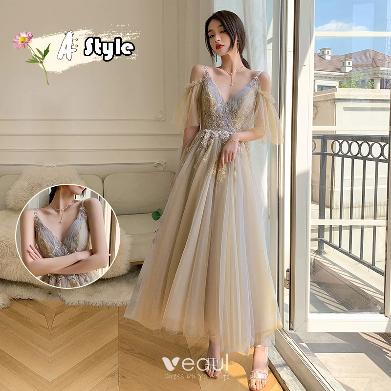 Champagne v neck bridesmaid dresses store