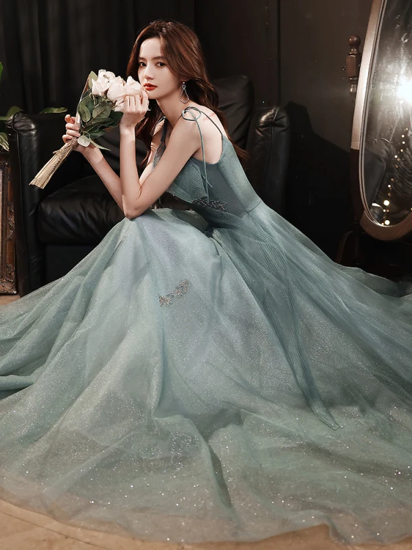 Charming Sage Green Glitter Prom Dresses 2021 A-Line / Princess Spaghetti Straps Rhinestone Sleeveless Backless Tea-length Evening Party Formal Dresses