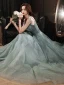 Charming Sage Green Glitter Prom Dresses 2021 A-Line / Princess Spaghetti Straps Rhinestone Sleeveless Backless Tea-length Evening Party Formal Dresses
