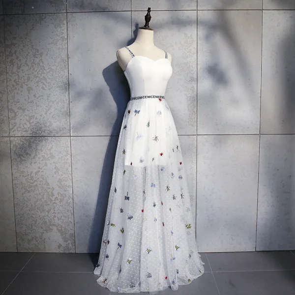Chic / Belle Ivoire Robe De Soirée 2018 Princesse Dessin animé Bretelles Spaghetti Dos Nu Sans Manches Longue Robe De Ceremonie