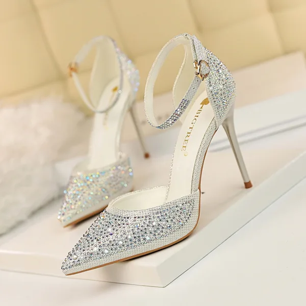 Charmant Rougissant Rose Soirée Faux Diamant Chaussures Femmes 2020 Perlage Bride Cheville 10 cm Talons Aiguilles À Bout Pointu Talons