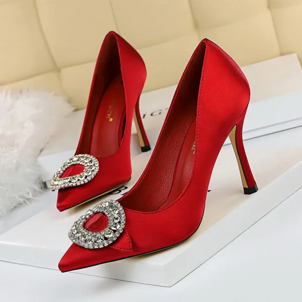 Elegant Black Satin Prom Pumps 2020 9 cm Stiletto Heels Pointed Toe Pumps Rhinestone