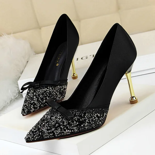 Mode Gris Soirée Escarpins 2020 Noeud Faux Diamant Paillettes 10 cm Talons Aiguilles À Bout Pointu Escarpins