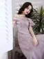 Chic / Beautiful Lavender Pearl Prom Dresses A-Line / Princess 2021 Off-The-Shoulder Sleeveless Backless Tea-length Prom Formal Dresses