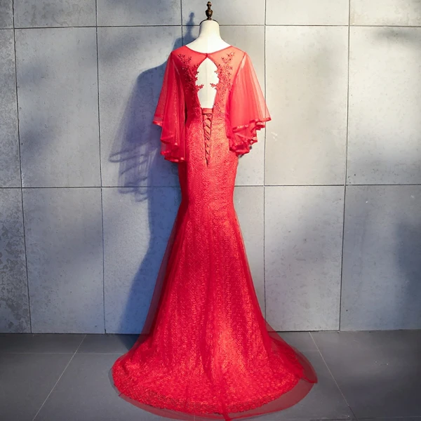 Chic / Beautiful Red Evening Dresses 2018 Trumpet / Mermaid Lace Appliques Beading Sequins Scoop Neck Backless 3/4 Sleeve Sweep Train Formal Dresses