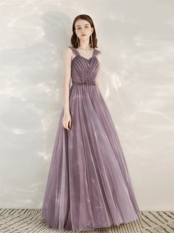 Classy Purple Prom Dresses 2020 A-Line / Princess V-Neck Rhinestone Sequins Sleeveless Backless Floor-Length / Long Formal Dresses