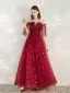 Glitzernden Burgunderrot Abendkleider 2020 A Linie Off Shoulder Glanz Star Pailletten 1/2 Ärmel Rückenfreies Lange Festliche Kleider