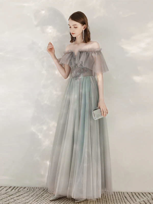 Charmant Gris Glitter Robe De Soirée 2020 Princesse De l'épaule Faux Diamant En Dentelle Fleur Manches Courtes Dos Nu Longue Robe De Ceremonie