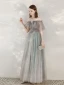 Charmant Gris Glitter Robe De Soirée 2020 Princesse De l'épaule Faux Diamant En Dentelle Fleur Manches Courtes Dos Nu Longue Robe De Ceremonie