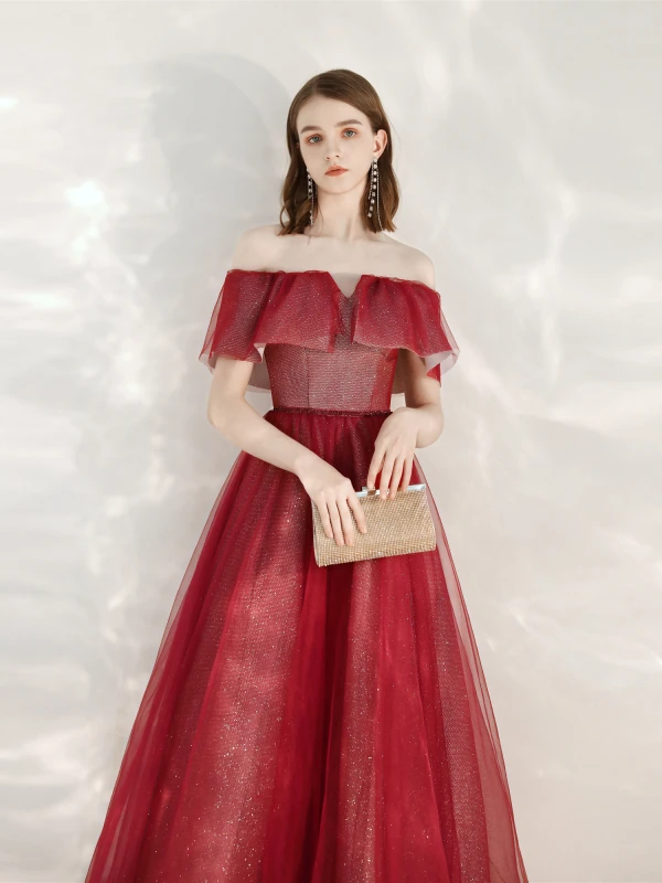 Scintillantes Bordeaux Glitter Robe De Soirée 2020 Princesse De l'épaule Manches Courtes Dos Nu Longue Robe De Ceremonie