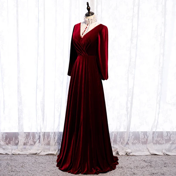 Elegant Burgundy Evening Dresses 2020 A-Line / Princess Suede High Neck Sequins Long Sleeve Floor-Length / Long Formal Dresses