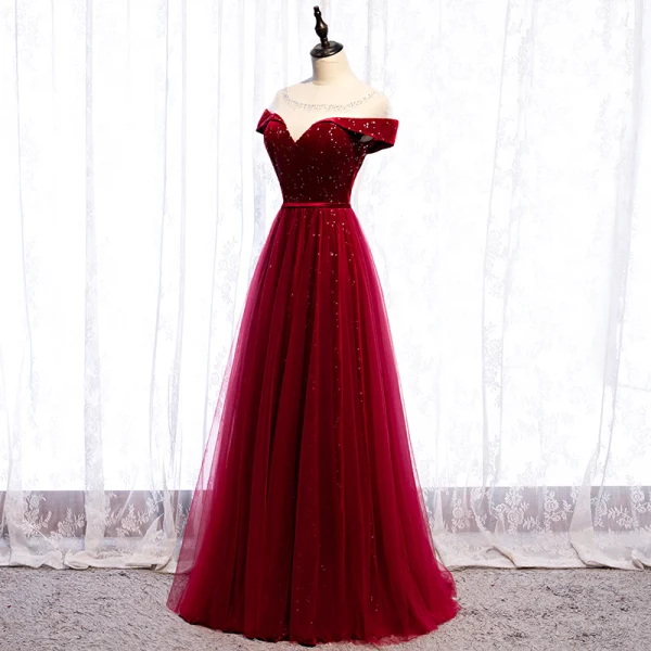 Chic / Belle Bordeaux Robe De Soirée 2020 Princesse Daim Encolure Dégagée Étoile Paillettes Faux Diamant Manches Courtes Dos Nu Longue Robe De Ceremonie