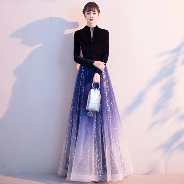 Scintillantes Océan Bleu Dégradé De Couleur Ciel étoilé Robe De Soirée 2020 Princesse Style Chinois Daim V-Cou Étoile Paillettes Manches Longues Longue Robe De Ceremonie