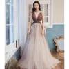 Charming Navy Blue Gradient-Color Prom Dresses 2020 A-Line / Princess Glitter Tulle Spaghetti Straps Sleeveless Backless Sweep Train Formal Dresses