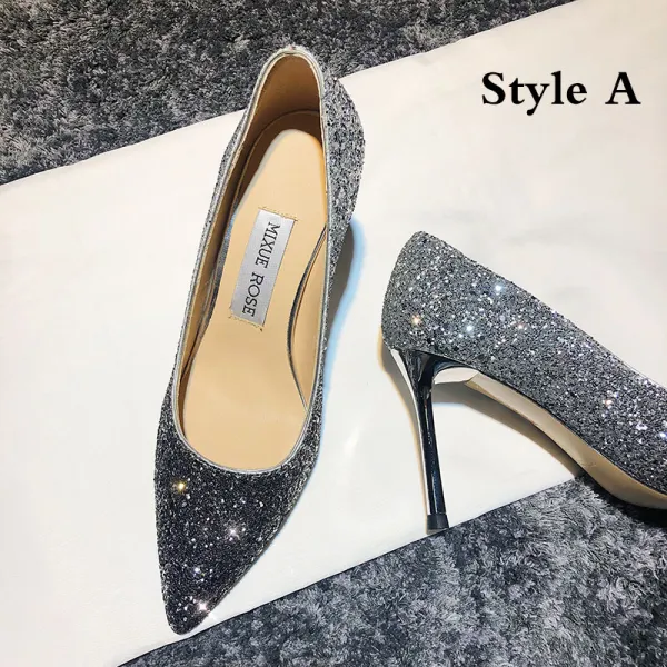 Sparkly Gold Leather Wedding Shoes 2020 Sequins 9 cm