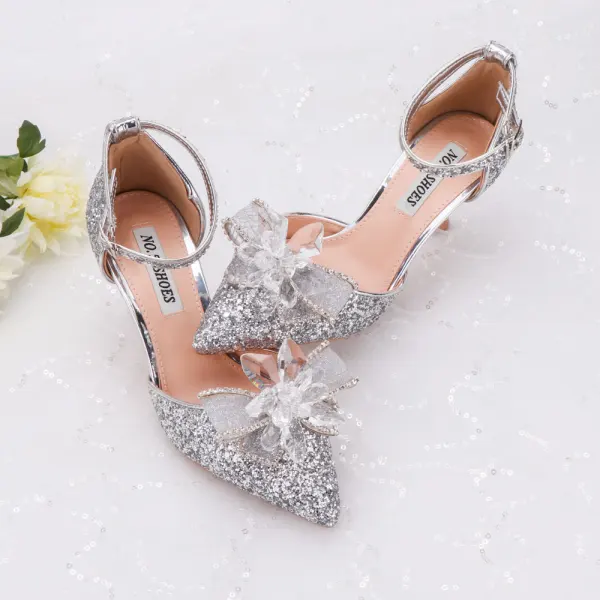 Scintillantes Argenté Chaussure De Mariée 2020 Cristal Faux Diamant Paillettes Bride Cheville 6 cm Talons Aiguilles À Bout Pointu Mariage Talons Hauts