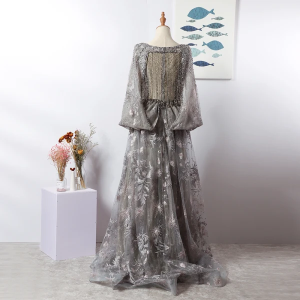 Luxe Gris Fait main Perlage Robe De Soirée 2020 Princesse Col v profond Cristal Faux Diamant En Dentelle Fleur Manches Longues Train De Balayage Robe De Ceremonie