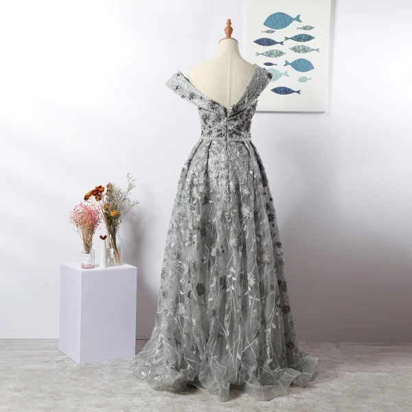 Luxury / Gorgeous Charming Grey Evening Dresses 2020 A-Line / Princess V-Neck Handmade Beading Crystal Rhinestone Lace Flower Sleeveless Backless Floor-Length / Long Formal Dresses