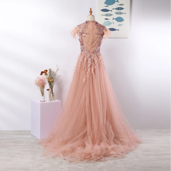 Luxury / Gorgeous Pearl Pink Evening Dresses 2020 A-Line / Princess U-Neck Tassel Handmade Beading Rhinestone Lace Flower Sleeveless Sweep Train Formal Dresses