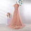 Luxury / Gorgeous Pearl Pink Evening Dresses  2020 A-Line / Princess U-Neck Tassel Handmade  Beading Rhinestone Lace Flower Sleeveless Sweep Train Formal Dresses