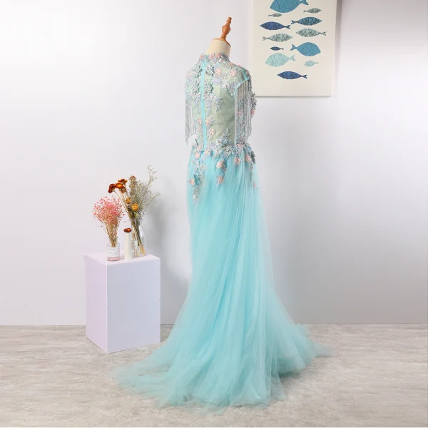 Charming Mint Green Evening Dresses 2020 A-Line / Princess U-Neck Handmade Beading Tassel Crystal Rhinestone Lace Flower Sleeveless Floor-Length / Long Formal Dresses