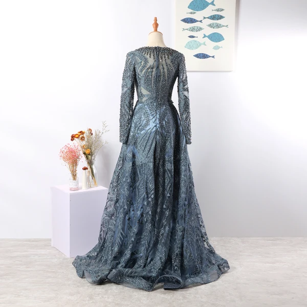 Vintage / Retro Luxury / Gorgeous Navy Blue Handmade  Beading Evening Dresses  2020 A-Line / Princess Scoop Neck Crystal Rhinestone Lace Flower Long Sleeve Backless Sweep Train Formal Dresses