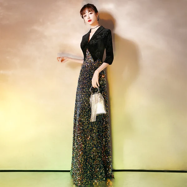 Charmant Noire Robe De Soirée 2020 Princesse Daim Col v profond Multi-Couleurs Paillettes 1/2 Manches Longue Robe De Ceremonie