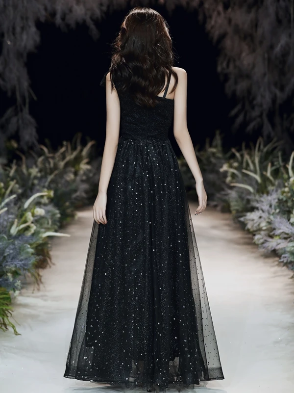 Fashion Black Evening Dresses 2020 A-Line / Princess One-Shoulder Star Sequins Sleeveless Backless Floor-Length / Long Formal Dresses