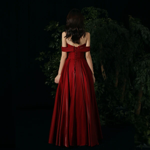 Chic / Belle Bordeaux Robe De Soirée 2020 Princesse Encolure Dégagée Faux Diamant Sans Manches Dos Nu Longue Robe De Ceremonie