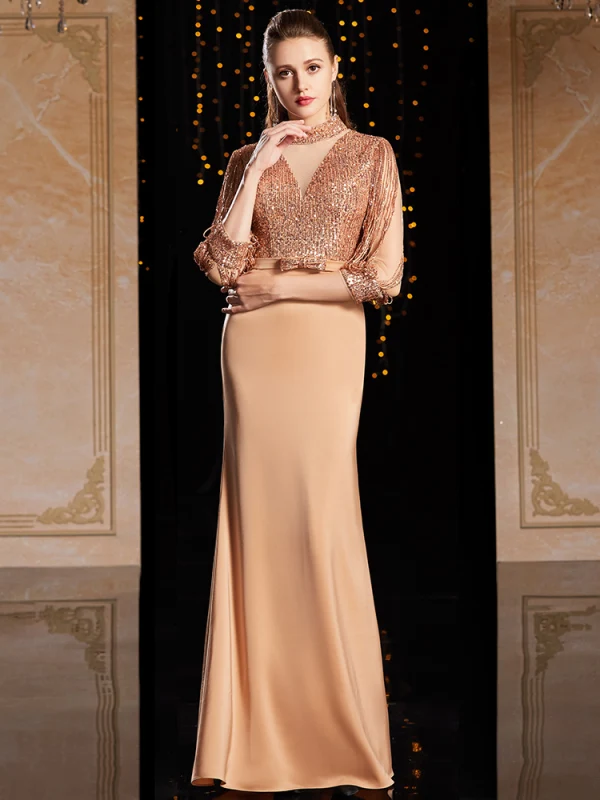 Chic Doré Robe De Soirée 2020 Princesse Encolure Dégagée Paillettes Noeud 3/4 Manches Longue Robe De Ceremonie