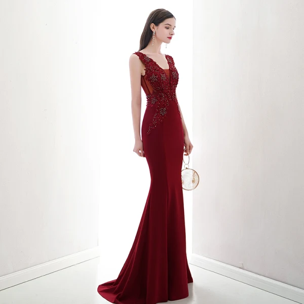 Chic / Beautiful Burgundy Evening Dresses  2020 Trumpet / Mermaid V-Neck Beading Rhinestone Lace Flower Sleeveless Backless Sweep Train Formal Dresses