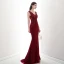 Chic / Beautiful Burgundy Evening Dresses  2020 Trumpet / Mermaid V-Neck Beading Rhinestone Lace Flower Sleeveless Backless Sweep Train Formal Dresses