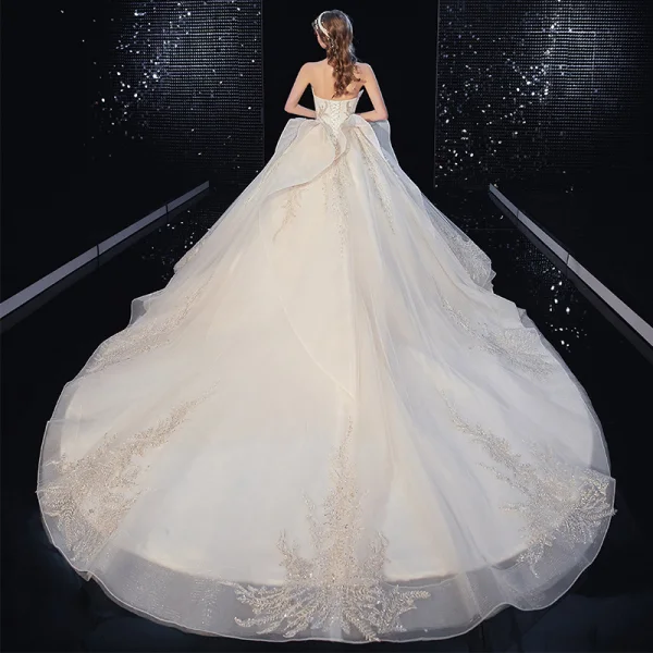 Luxe Champagne Robe De Mariée 2020 Robe Boule Bustier Plumes Perlage En Dentelle Fleur Sans Manches Dos Nu Volants en Cascade Royal Train