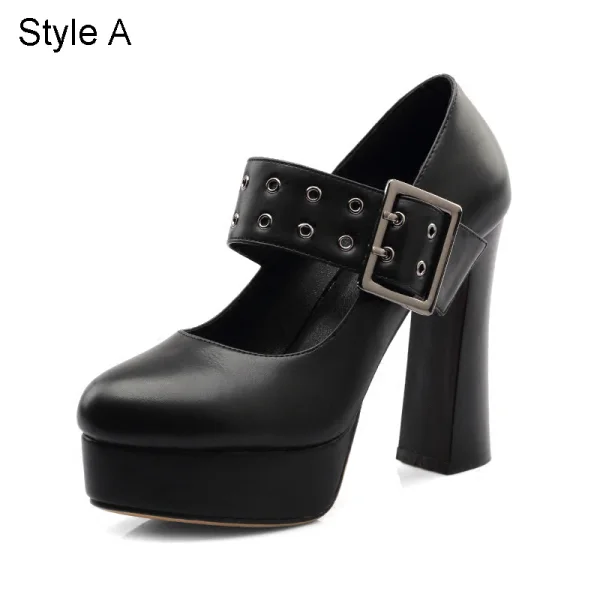 Mode Noire Vêtement de rue Boucle Escarpins 2021 11 cm Talons Épais Imperméables À Bout Pointu Escarpins