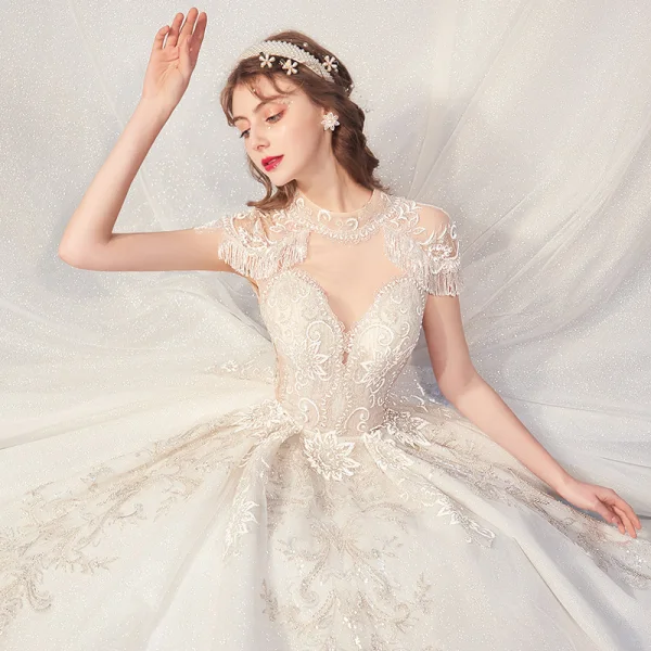 Luxury / Gorgeous Champagne Glitter Wedding Dresses 2020 A-Line / Princess Scoop Neck Beading Tassel Rhinestone Lace Flower Short Sleeve Backless Royal Train