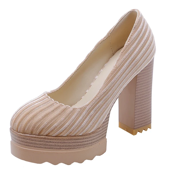 Simple Beige Vacances Daim Escarpins 2021 11 cm Talons Épais À Bout Rond Escarpins