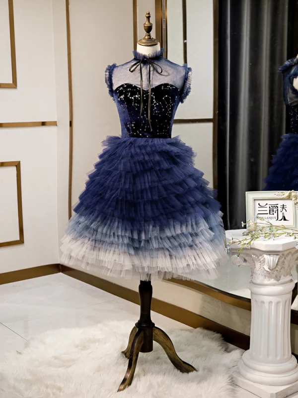 Fashion Navy Blue Homecoming Graduation Dresses 2020 A-Line / Princess Suede Bow High Neck Star Sequins Sleeveless Cascading Ruffles Knee-Length Formal Dresses
