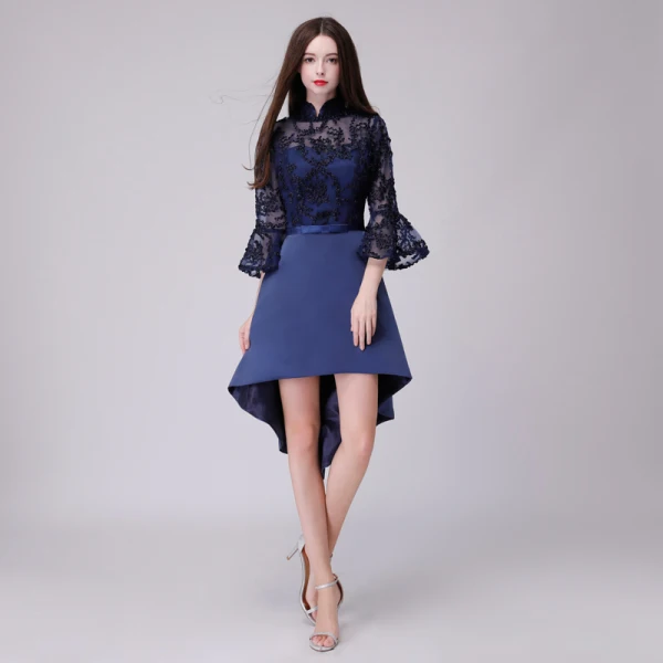 Chic / Belle de retour Kaki Robe De Graduation 2018 Princesse Noeud En Dentelle Asymétrique Col Haut 3/4 Manches Robe De Ceremonie