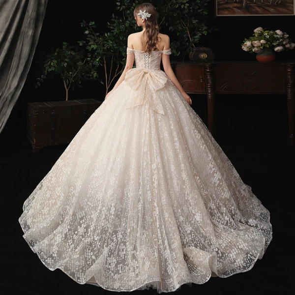 Charming Champagne Wedding Dresses 2020 A-Line / Princess Off-The-Shoulder Beading Bow Pearl Sequins Lace Flower Sleeveless Backless Court Train