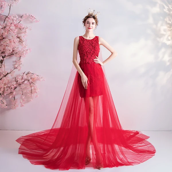 Charming Red Evening Dresses 2020 A-Line / Princess Scoop Neck Beading Sequins Lace Flower Sleeveless Cathedral Train Formal Dresses