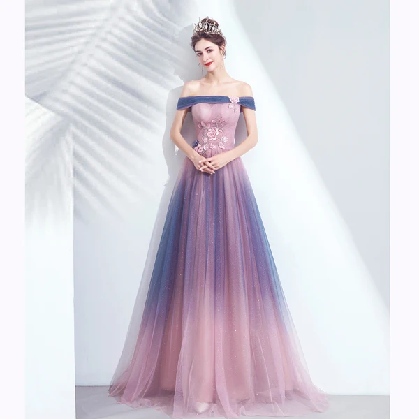 Charmant Dégradé De Couleur Rougissant Rose Robe De Soirée 2020 Princesse De l'épaule Glitter Perlage Cristal Paillettes En Dentelle Fleur Sans Manches Dos Nu Longue Robe De Ceremonie
