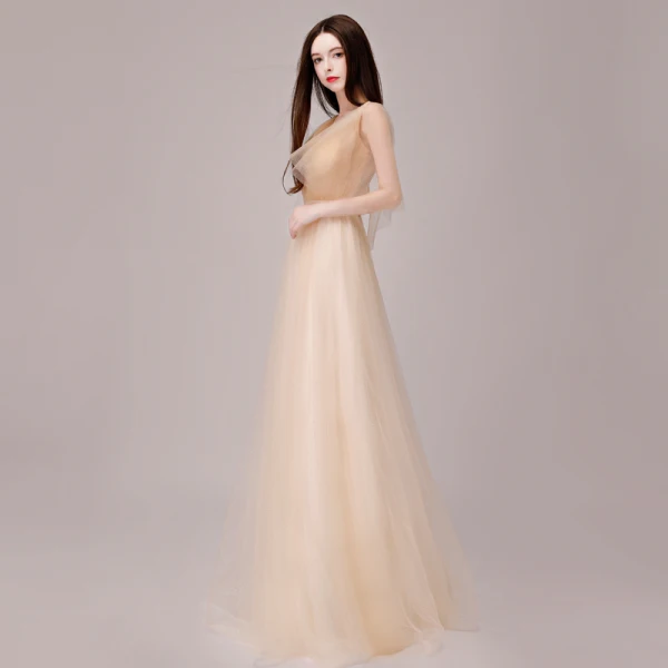 Chic / Beautiful Champagne Evening Dresses 2018 A-Line / Princess Metal Sash V-Neck Backless 1/2 Sleeves Floor-Length / Long Formal Dresses